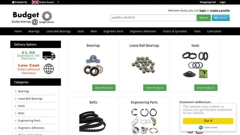 Budget Bearings ~ Oil Seals SKF FAG TIMKEN KOYO NTN NKE TRULOC Needle Rollers Taper Rollers Rod Ends Oil Filled Bushes Loose Balls O Rings Grease Plain Thrust