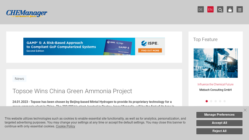 Image of Topsoe Wins China Green Ammonia Project | CHEManager