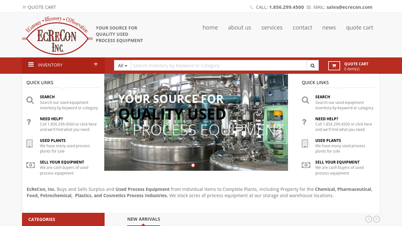 EcReCon | Used Process Equipment | Buy Sell used Stainless Steel Tanks for Sale | Used Industrial Pharmaceutical Food Chemical Process Plants Machinery | Used Reactors