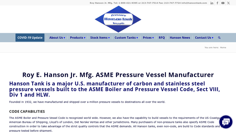 ASME Pressure Vessel Manufacturer in the US | Hanson Tank
