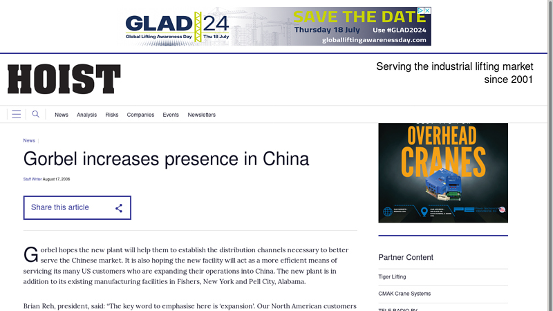 Image of Gorbel increases presence in China
