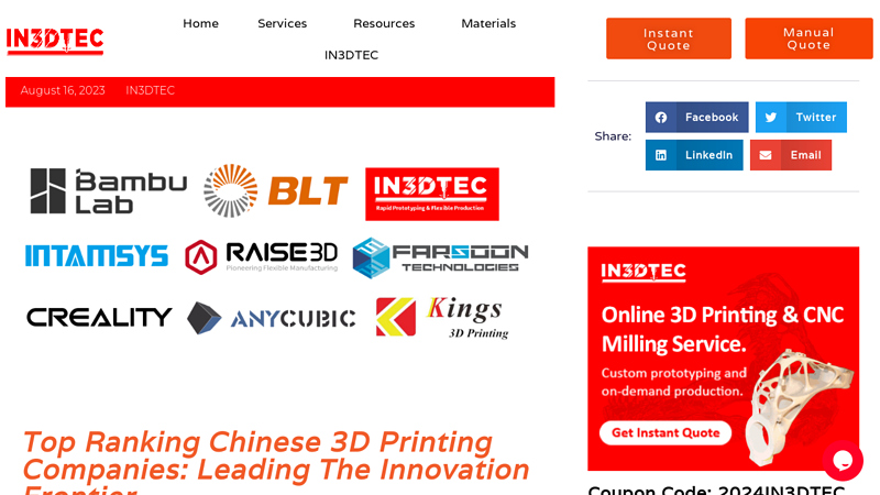 Image of Unveiling the Top Chinese Metal 3D Printing companies | IN3DTEC ...