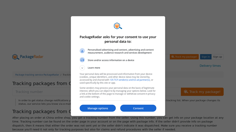 Image of Tracking packages from China on PackageRadar website