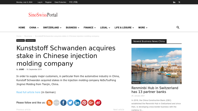 Image of Kunststoff Schwanden acquires stake in Chinese injection molding company