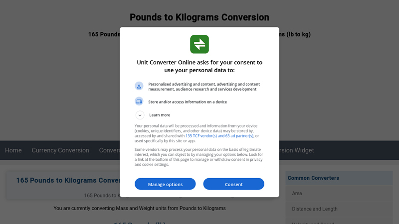 Image of 165 Pounds to Kilograms Conversion