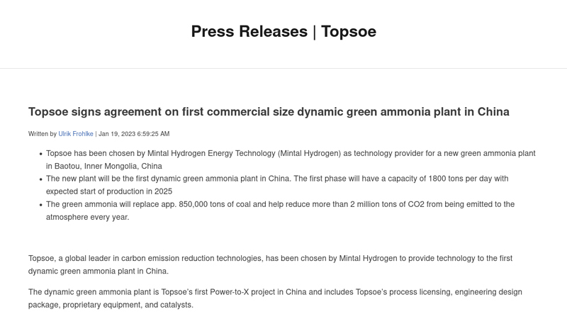 Image of Topsoe signs agreement on first commercial size dynamic green ammonia ...