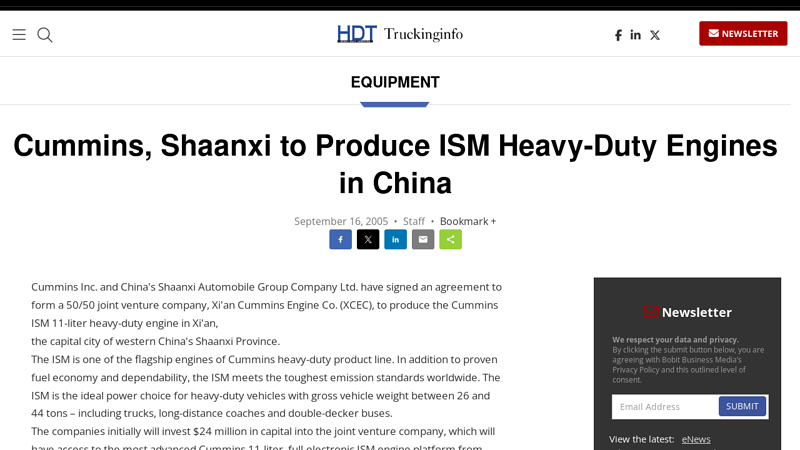 Image of Cummins, Shaanxi to Produce ISM Heavy-Duty Engines in China