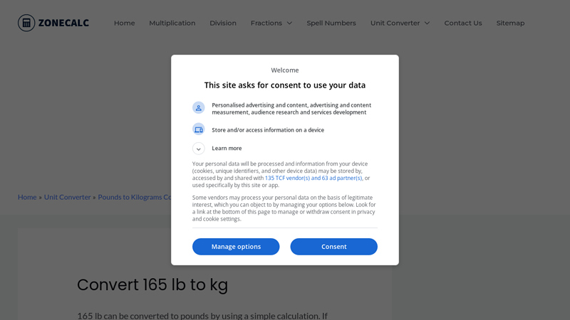 Image of Convert 165 lb to kg